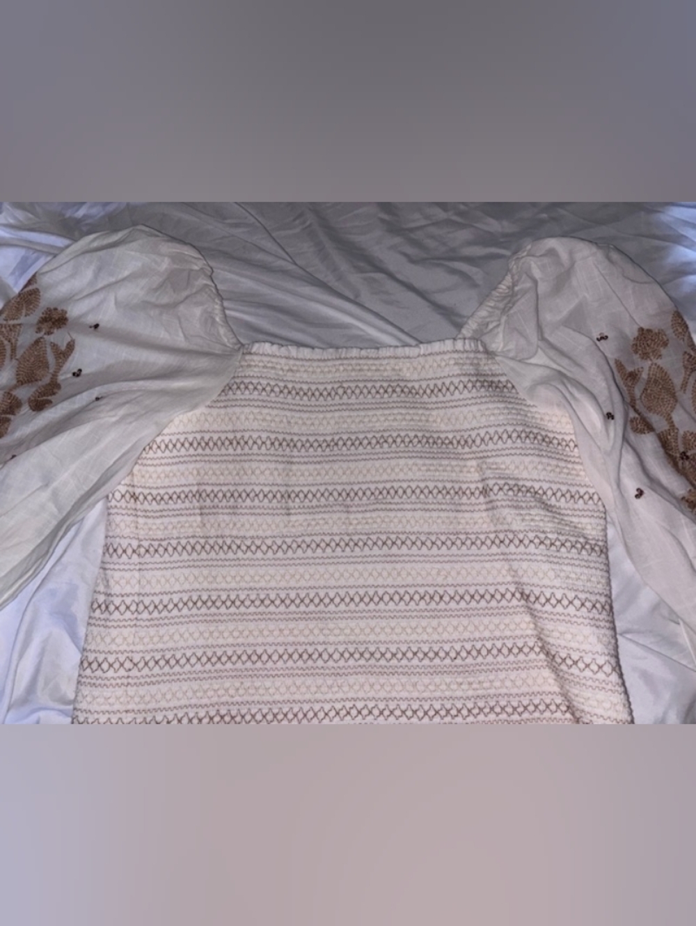 Anthropologie White Crochet Square Neck Top with Tan Embroidery
